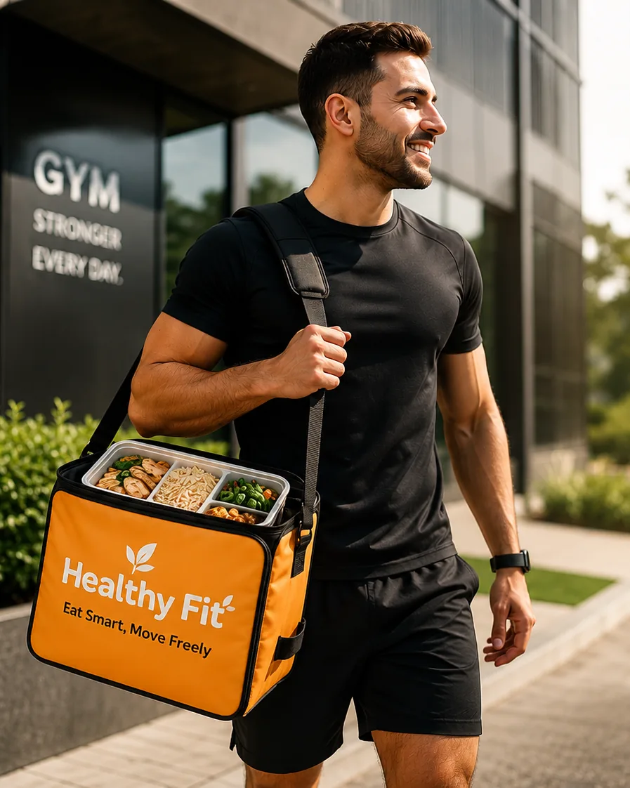 A Healthy Fit customer carrying a meal bag outside the gym