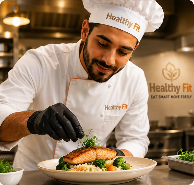A Healthy Fit chef plating a salmon and vegetable dish