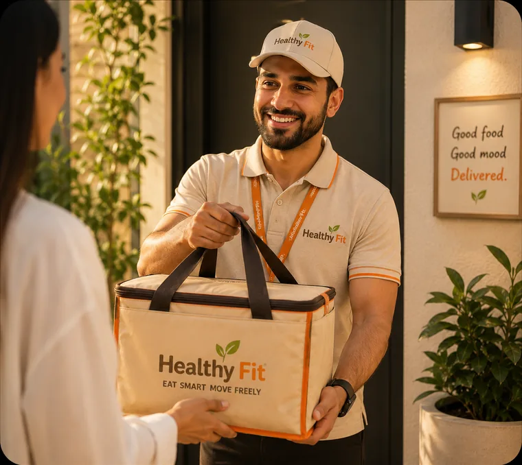 A Healthy Fit courier handing a cooler bag to a customer at their door