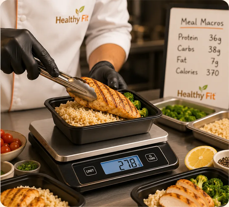 Grilled chicken being portioned on a kitchen scale beside a macros board