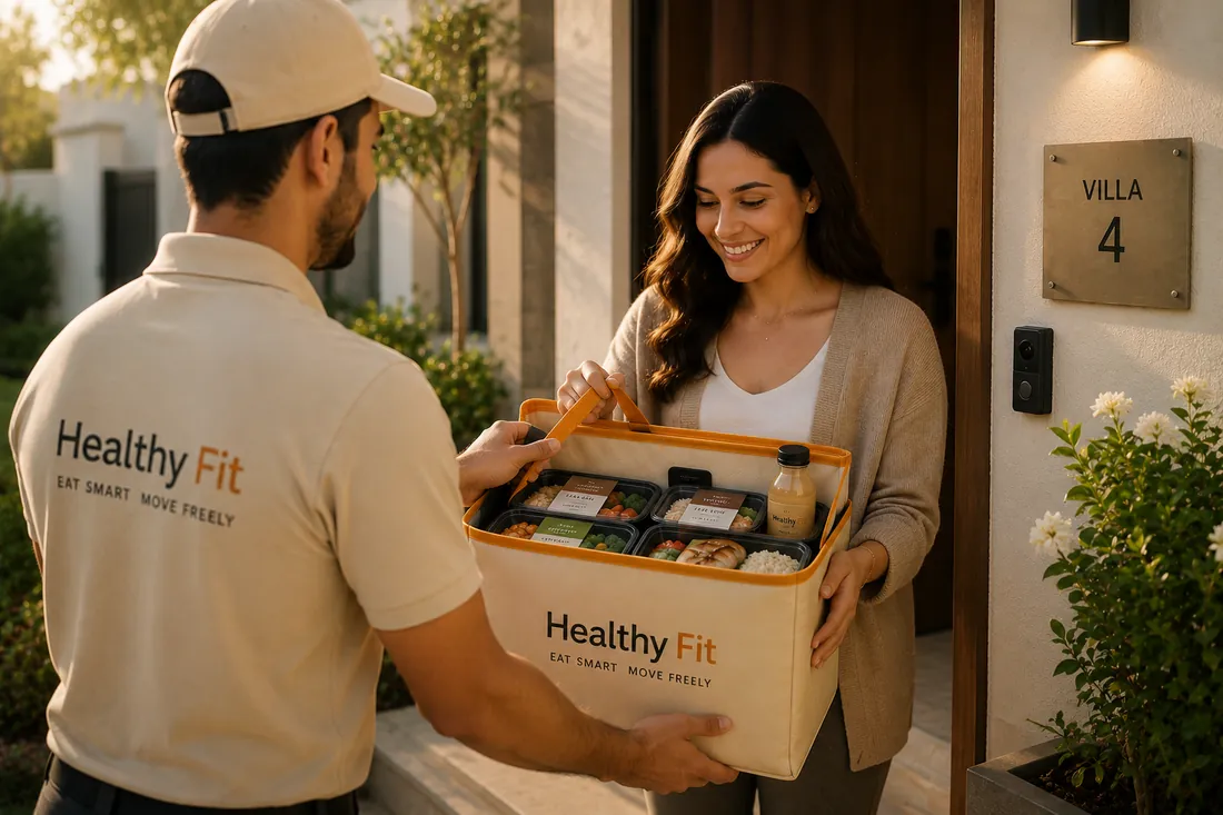 A Healthy Fit courier handing a bag of meals to a customer at her villa door