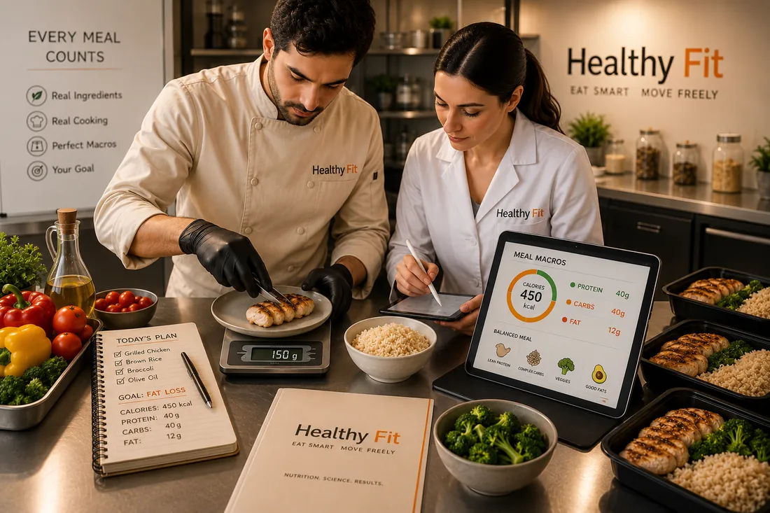 A chef weighing grilled chicken while a nutritionist checks the macros on a tablet