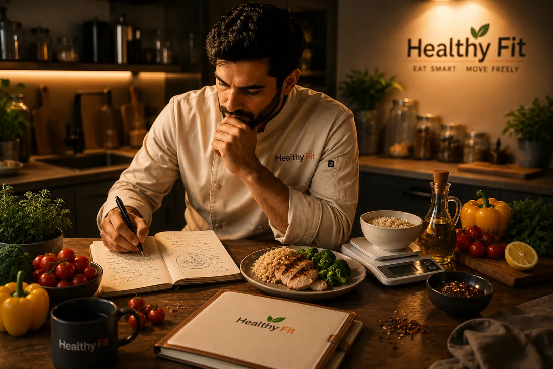 A Healthy Fit chef sketching out meal ideas in a notebook