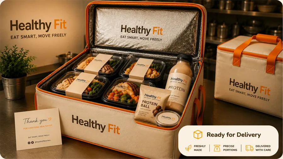 A Healthy Fit cooler bag packed with meals and ready for delivery
