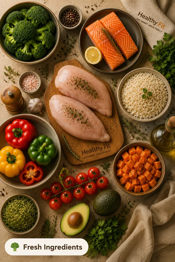 Fresh vegetables, chicken and salmon laid out on the prep counter