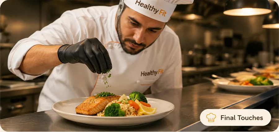 A chef adding the final garnish to a plated salmon dish