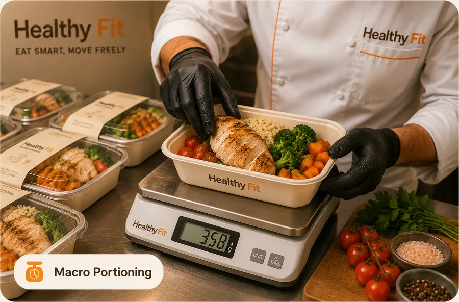 A meal container being weighed on a kitchen scale for macro portioning