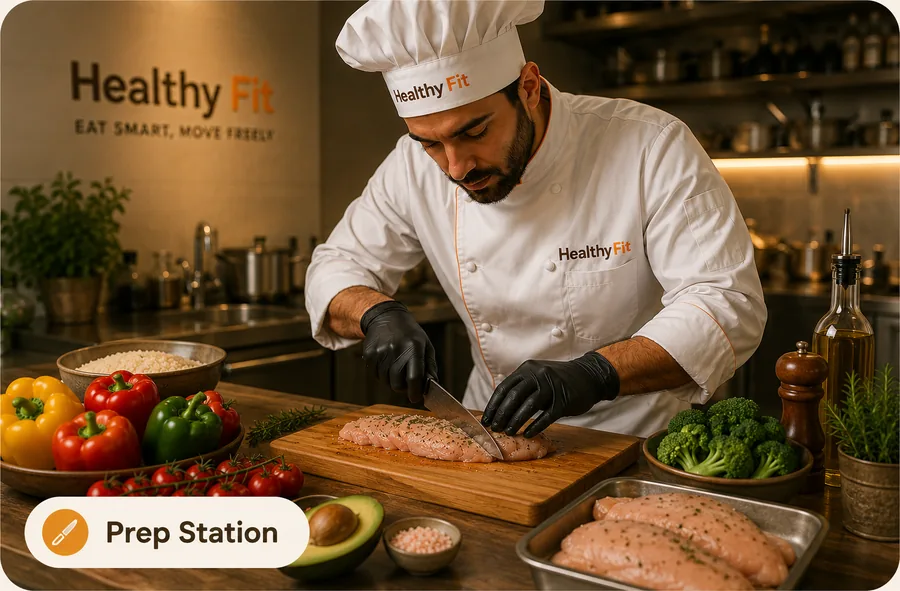A Healthy Fit chef slicing salmon at the prep station