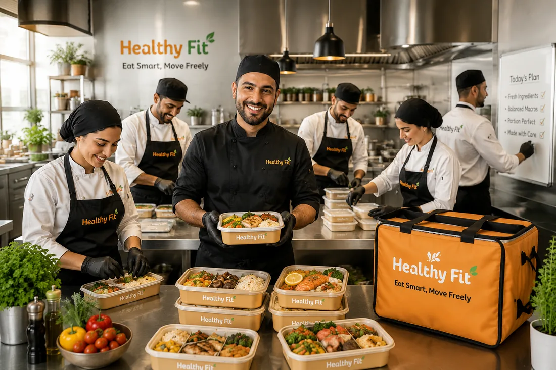 The Healthy Fit kitchen team standing behind a counter of freshly packed meals
