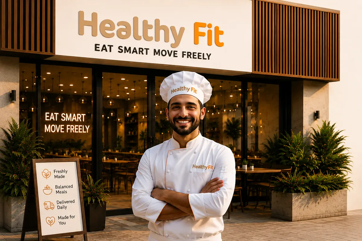 The Healthy Fit restaurant in Dubai, with our chef out front