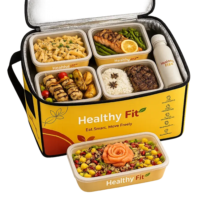 Healthy Fit cooler bag packed with fresh meals and a Healthy Fit bottle